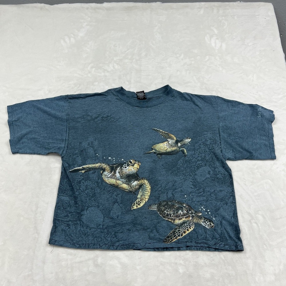 H.L. Miller T-Shirt Mens cropped XL Blue Sea Turtle Graphic Coral Reef Vintage